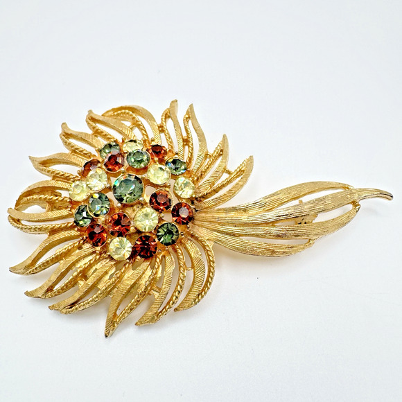 Vintage Rhinestone Flower Brooch Gold Tone Domed Green Brown Yellow Glass 3" - Picture 2 of 6